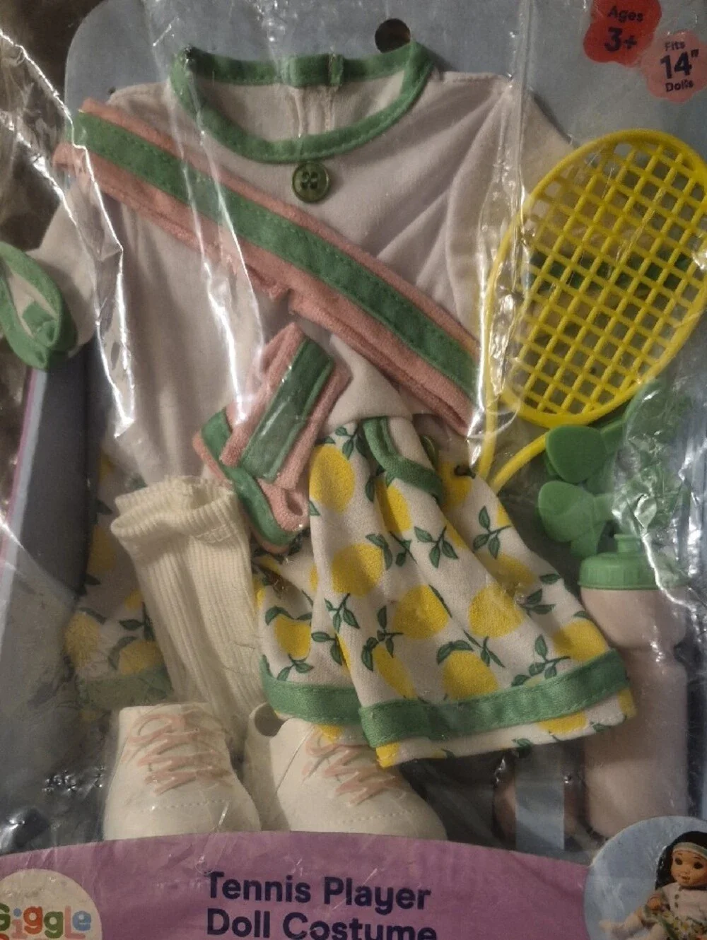 Kids Tennis Player Doll Outfit in White, Green & Yellow Doll 14